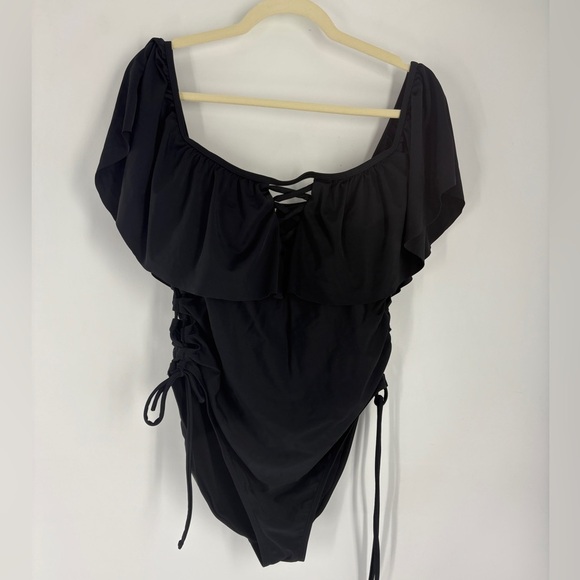 Rue+ Black Lace-Up Sides & Criss-Cross Front  One-Piece Bathing Swimsuit- 1X - Picture 1 of 5